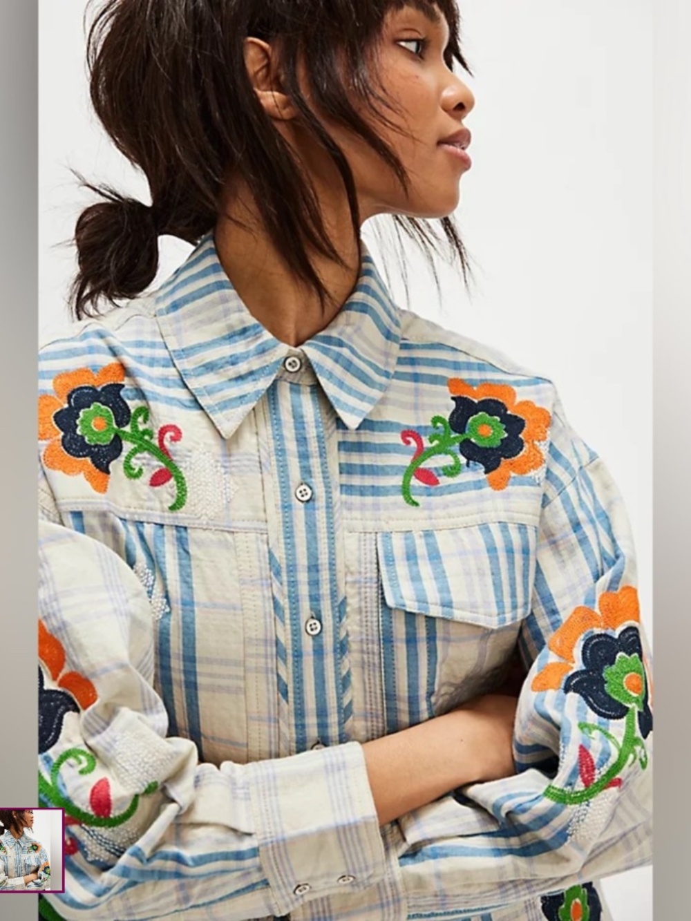 Free People Embroidered Sashiko Shirt. Sz L - Picture 3 of 4